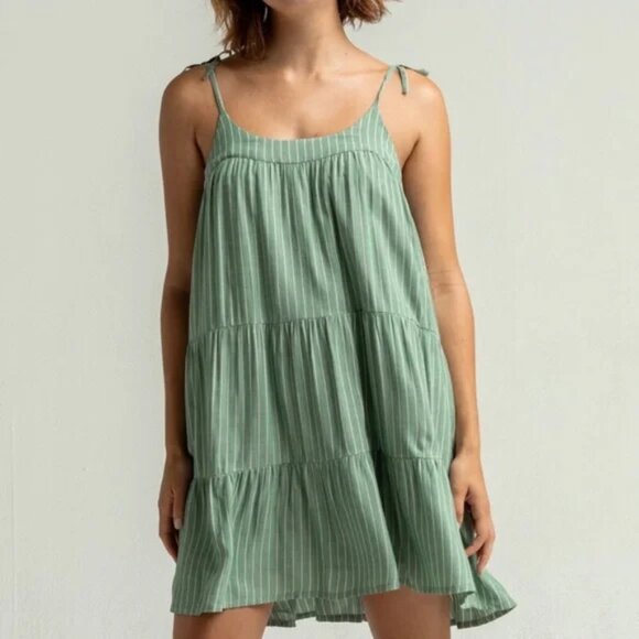 🎉LAST CALL🎉 O’Neil Green Striped Tie Straps Spring Summer Dress - Picture 1 of 13